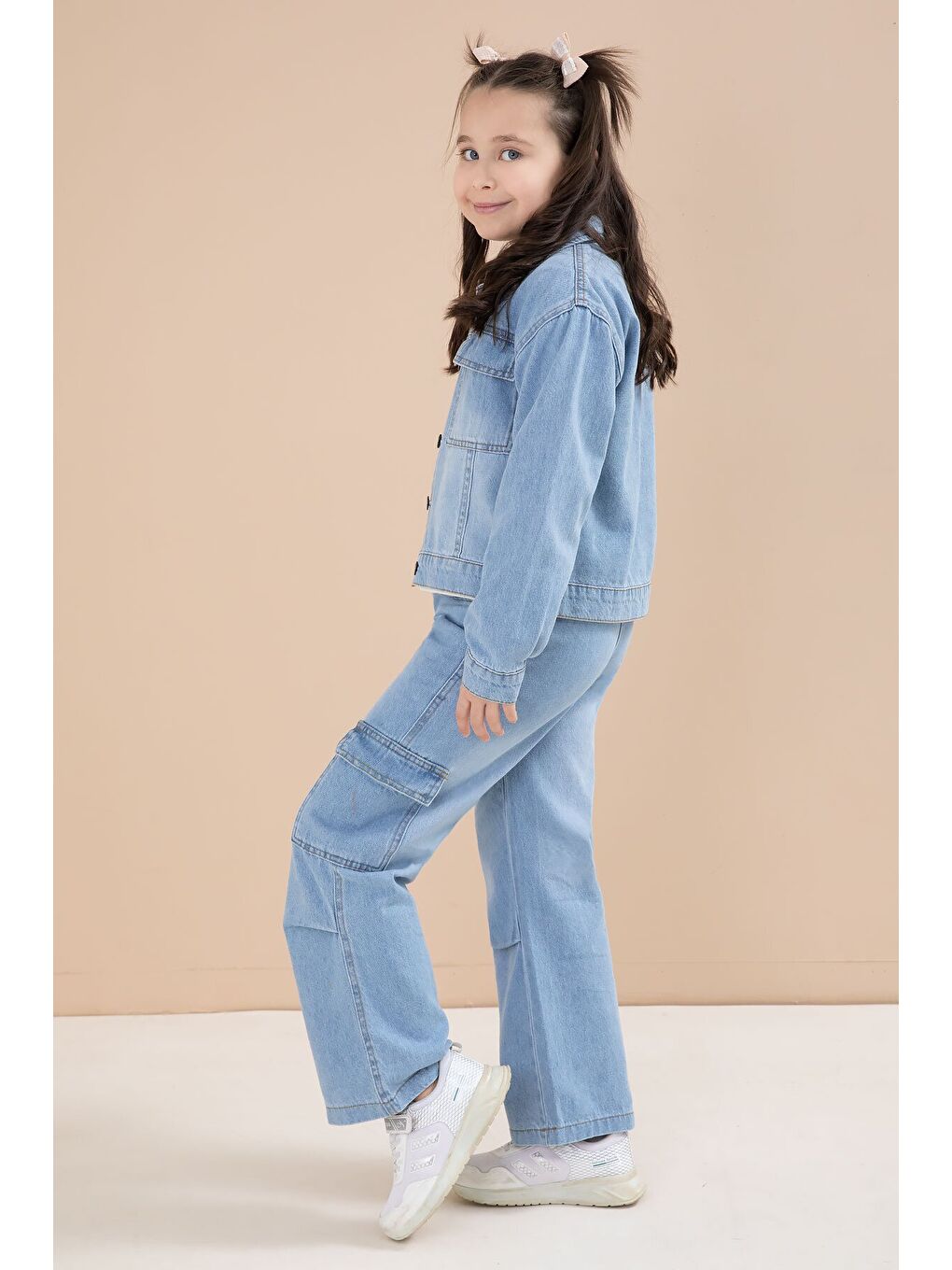 Mavi Jean Ceketli Kargo Cepli Pantolonlu Kız Çocuk Badili 3lü Alt Üst Takım 23614-4
