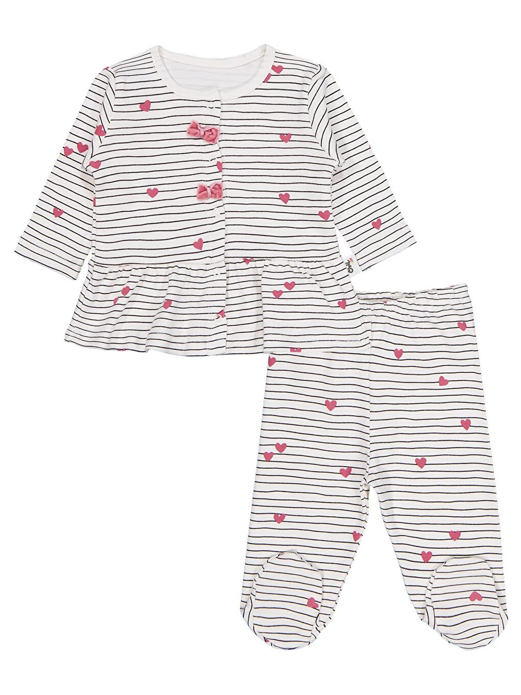 Baby Çizgi Kalp Empirme 1-9 Ay Pijama Takımı - Ekru