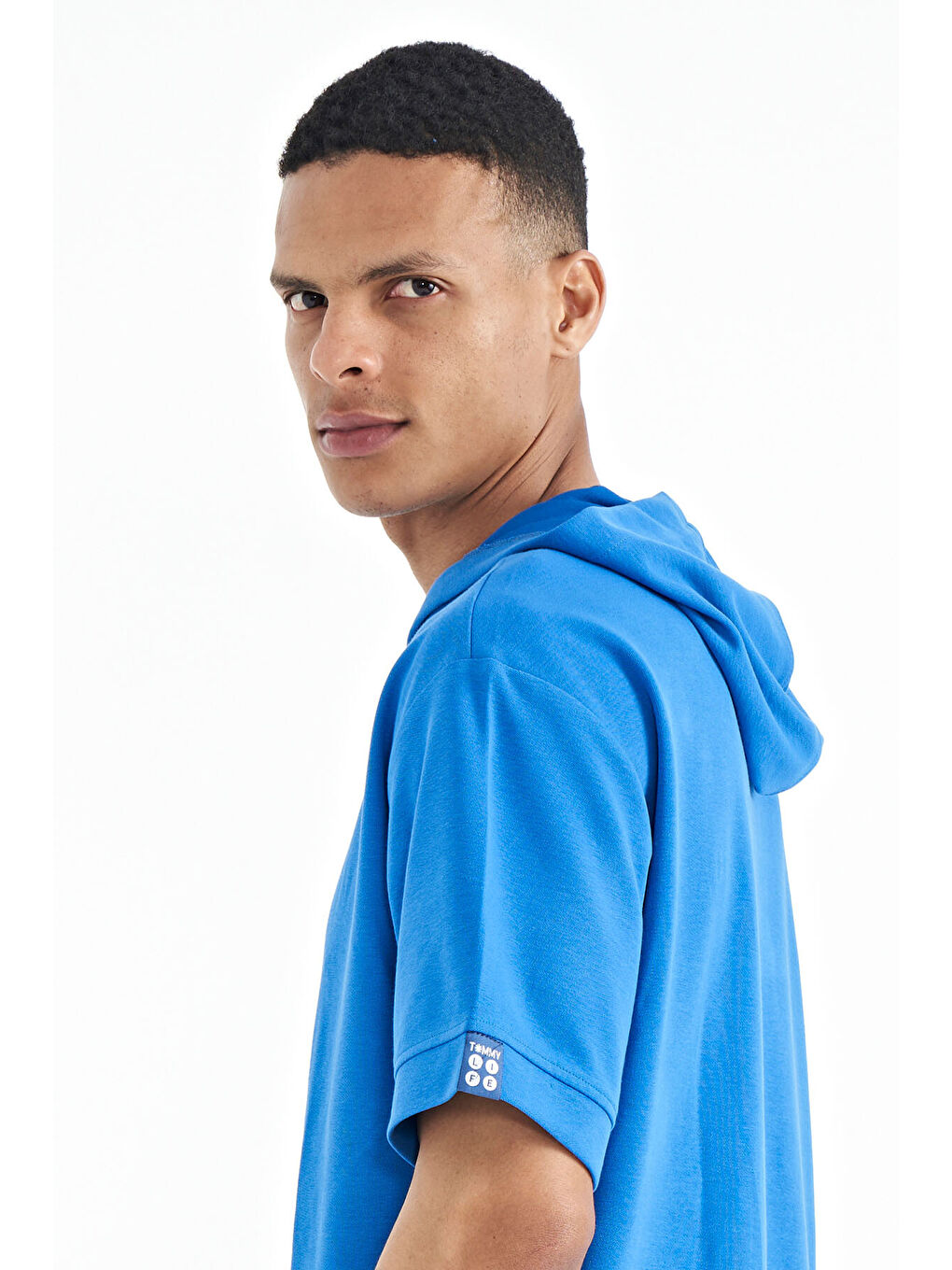 Mavi Saks Kapüşonlu Kol Etiket Detaylı Oversize Erkek Tişört - 88179-1