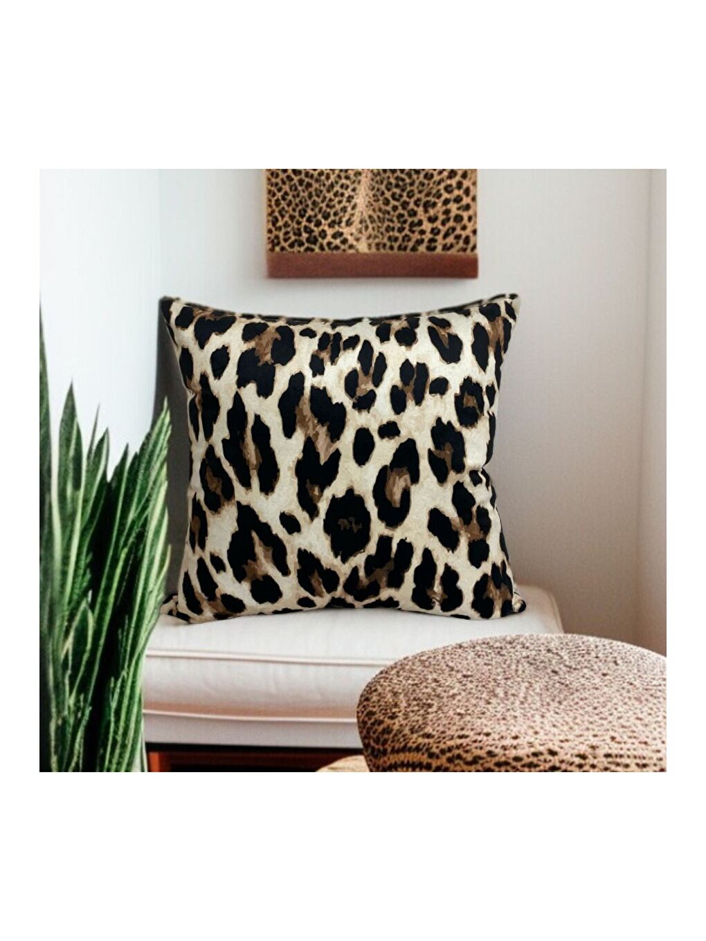 Bej Leopar Desen Çift Taraflı Dijital Baskılı dekoratif Kırlent Kılıfı 45x45-2