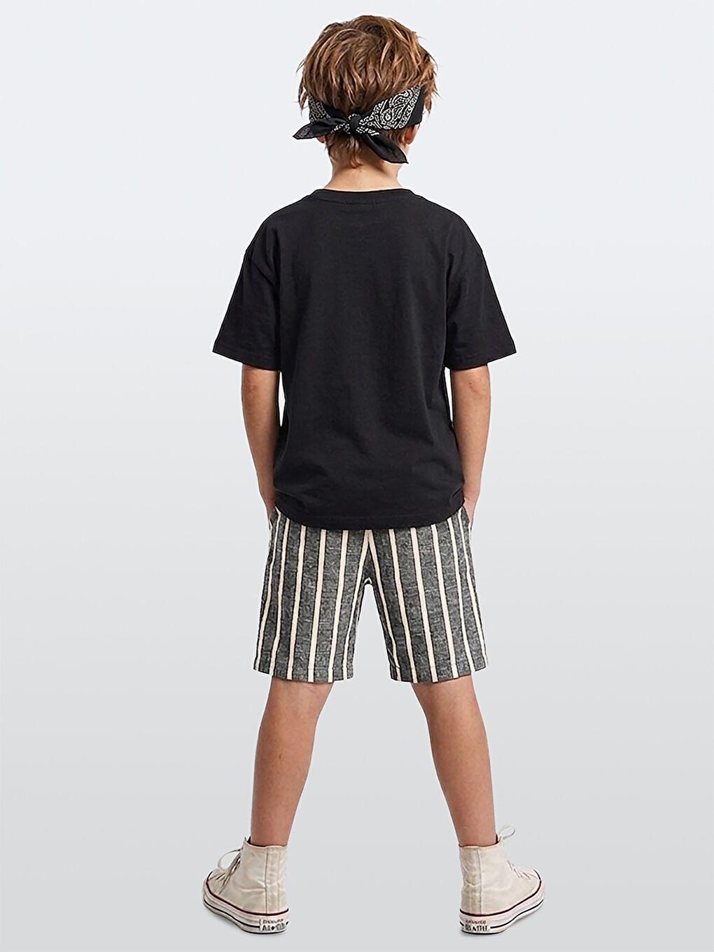 Erkek Çocuk Takım Croco Siyah T-Shirt Ve Çizgili Keten Görünümlü Yazlık Şort-1