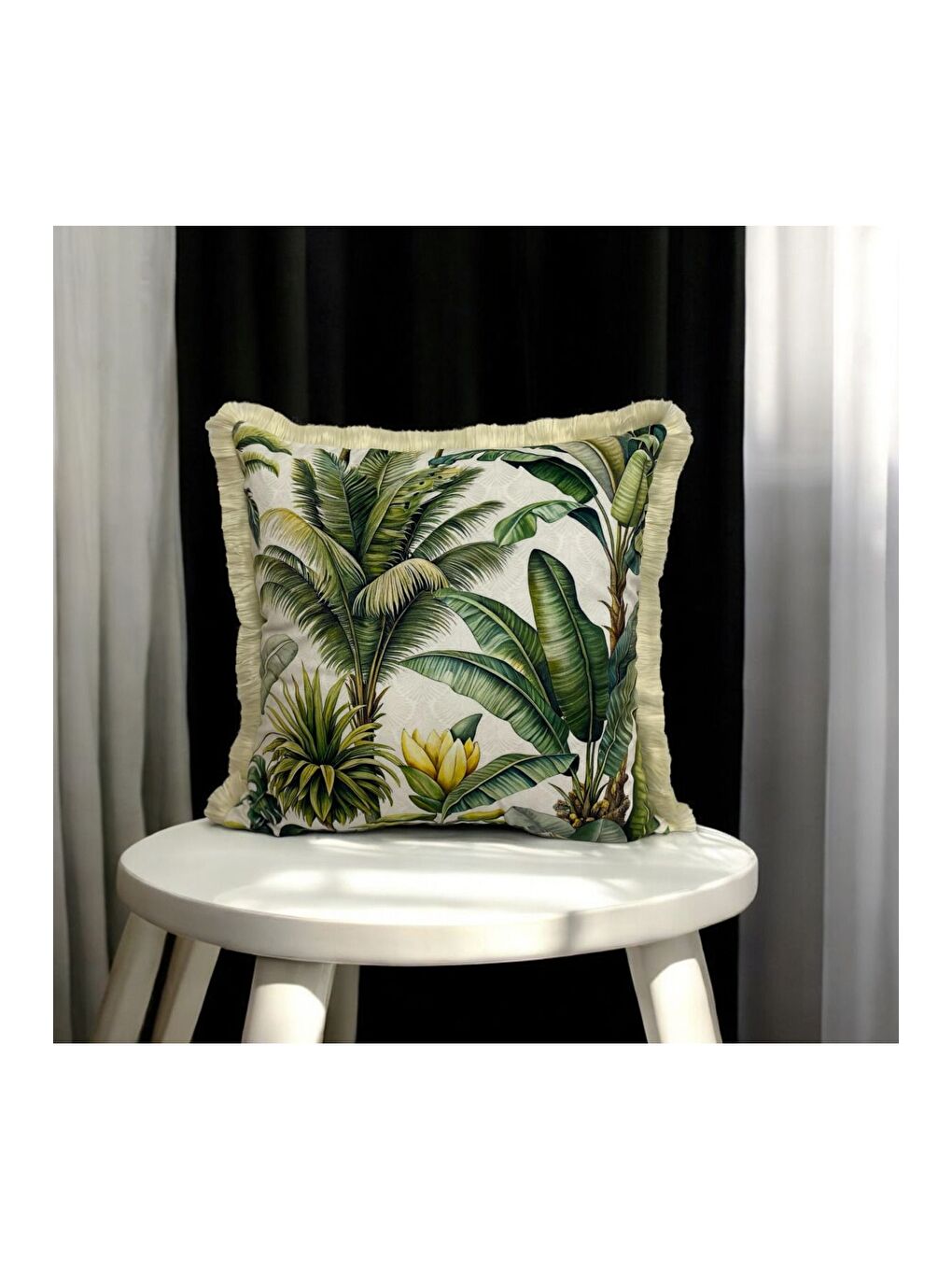 Yeşil Bitki Desen Saçaklı Dekoratif Kırlent Kılıfı 45x45