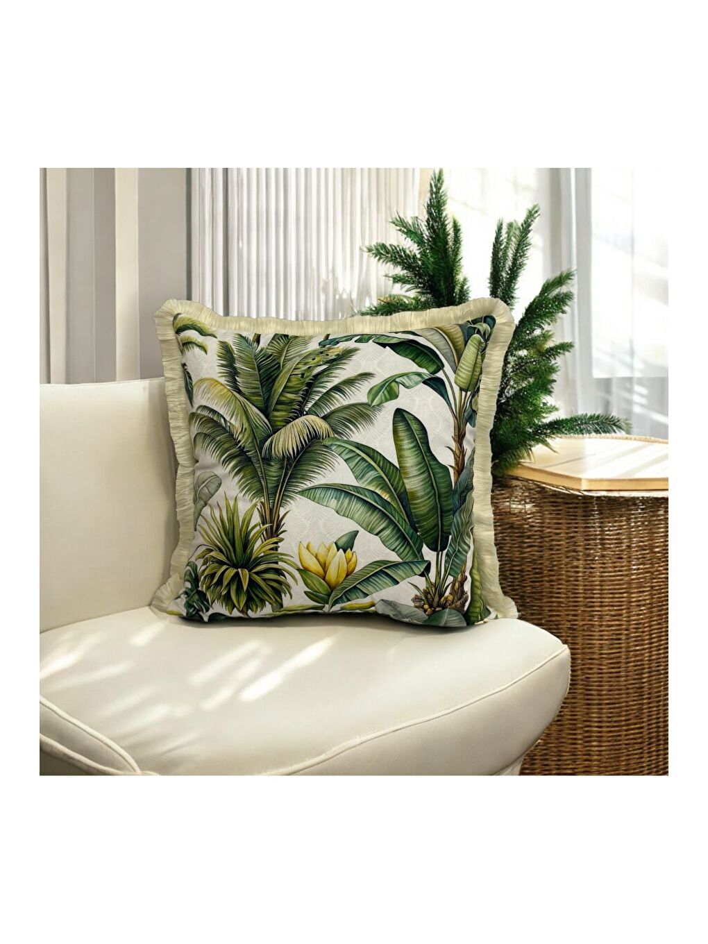 Yeşil Bitki Desen Saçaklı Dekoratif Kırlent Kılıfı 45x45-1