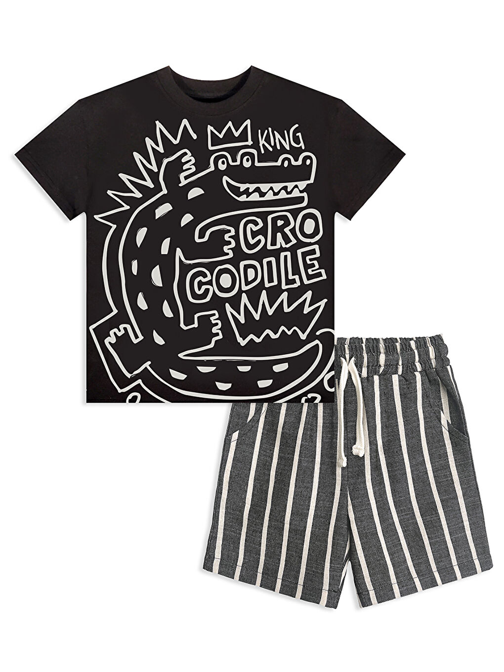 Erkek Çocuk Takım Croco Siyah T-Shirt Ve Çizgili Keten Görünümlü Yazlık Şort-3