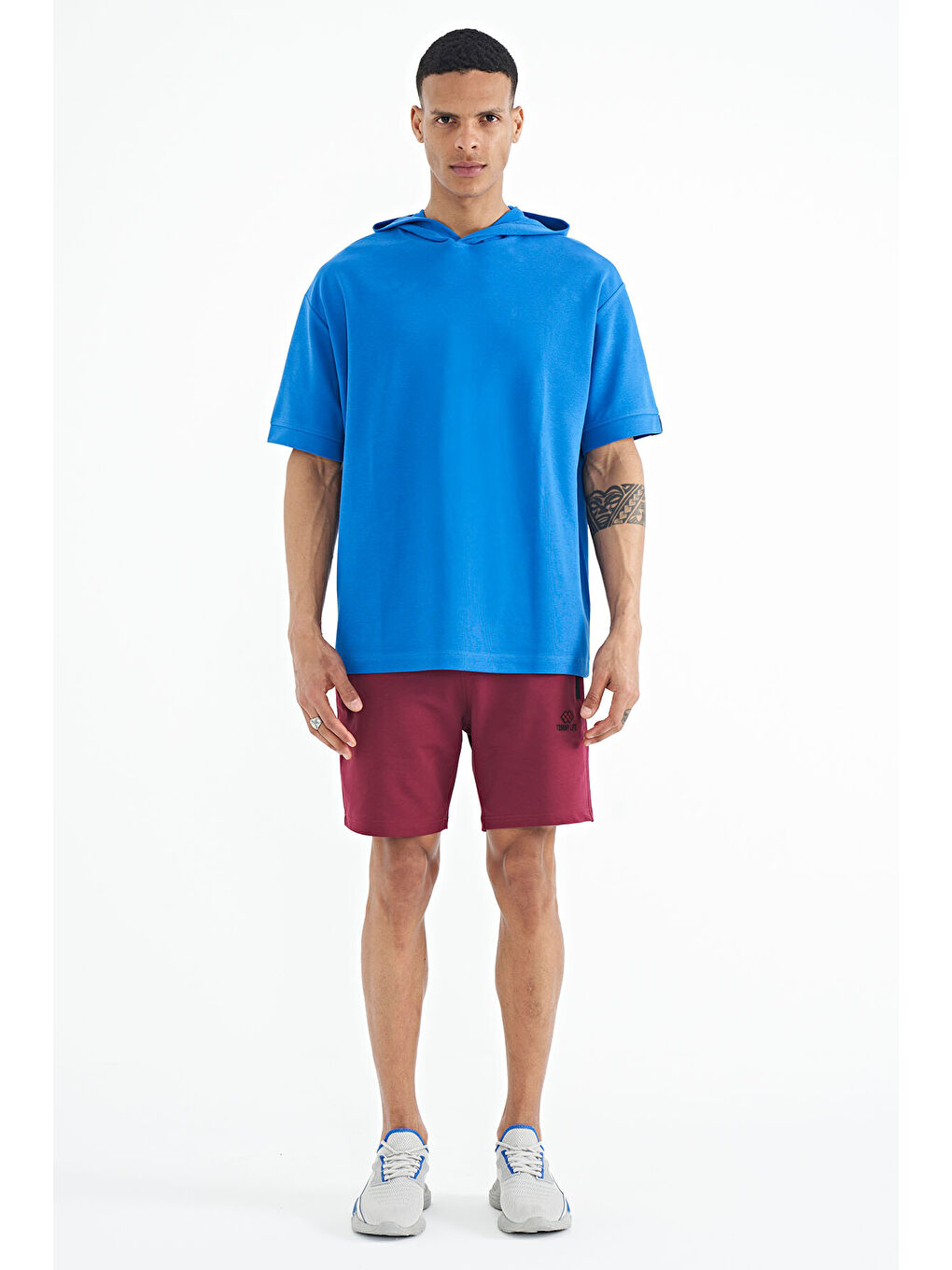 Mavi Saks Kapüşonlu Kol Etiket Detaylı Oversize Erkek Tişört - 88179-2