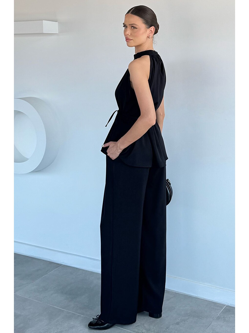 Siyah Kadın Bel Lastikli Pileli Pantolon Bluz İkili Takım-3