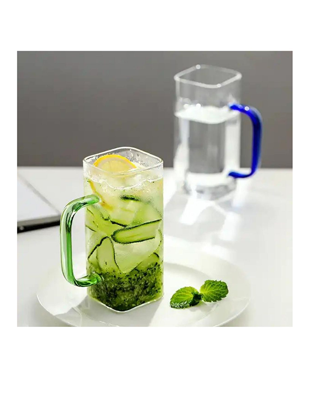 Renksiz Kare Cam Koyu Yeşil KulpluBardak 350 ml 4 Adet-3