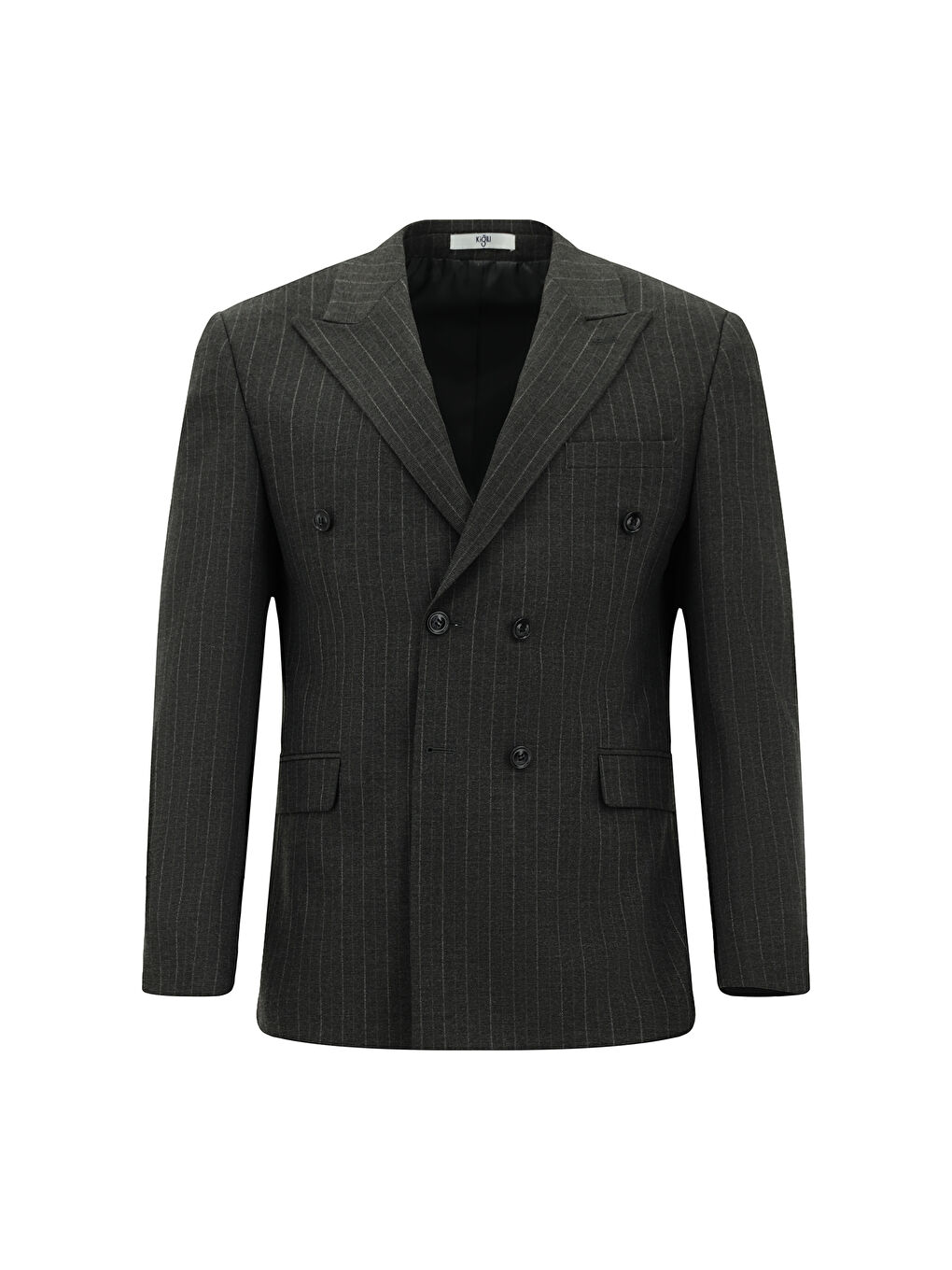 Gri Slim Fit Dar Kesim Çizgili Kruvaze Takım Elbise-1