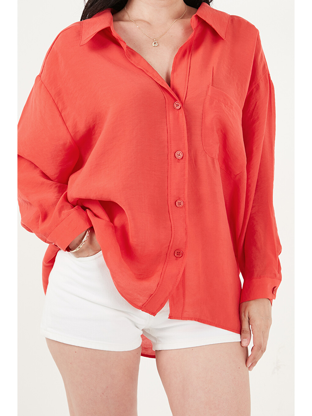 Kırmızı Modal Oversize Fit Uzun Kollu Kadın Gömlek 6834612-4