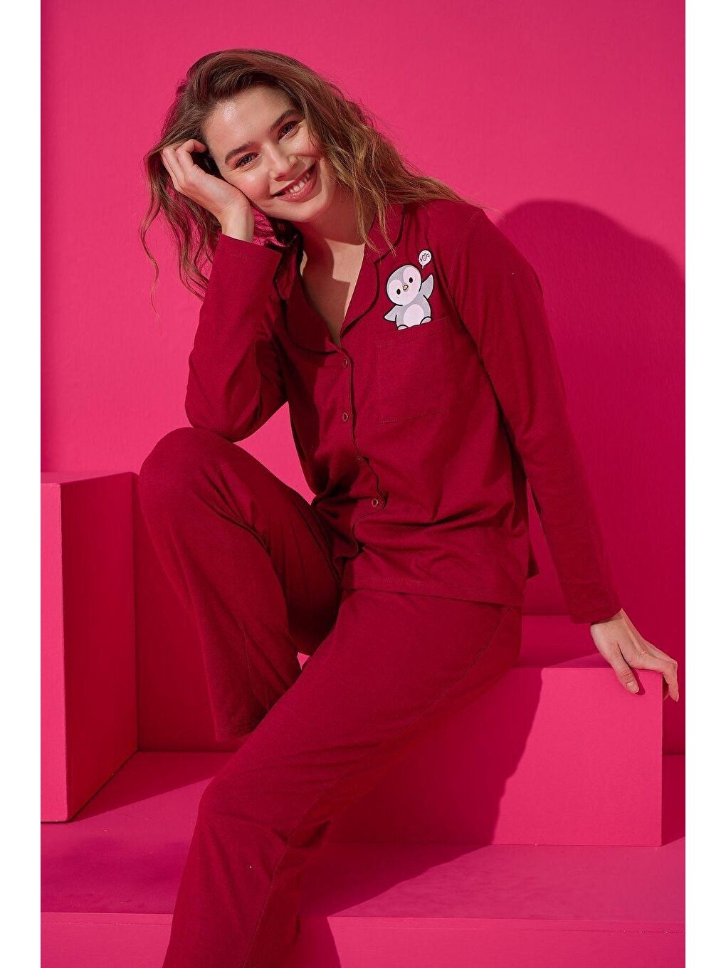 Bordo Pamuklu Düğmeli Pijama Takım 451 -28