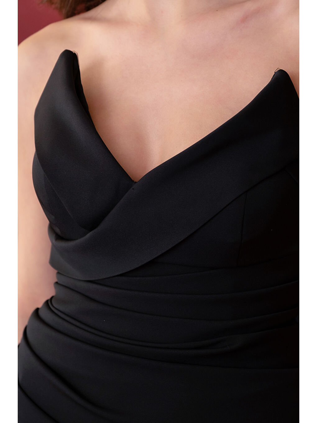 Kadın Siyah Kedi Kulağı Pileli Uzun Abiye Elbise-3