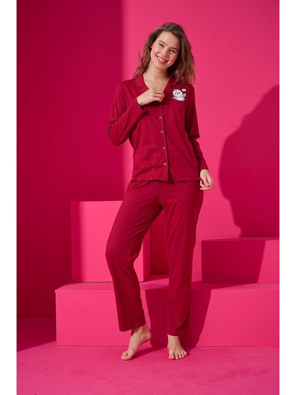 Bordo Pamuklu Düğmeli Pijama Takım 451 -28-1