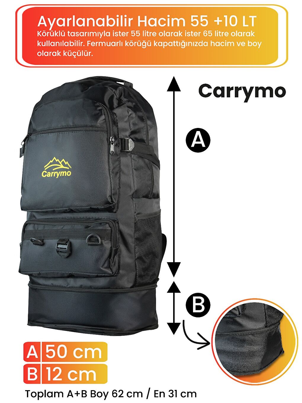 Siyah Orijinal Körüklü Ortopedik Konfor Modeli Çok Gözlü Gezi Seyahat Yürüyüş Dağcı Kamp Spor Sırt Çantası-1