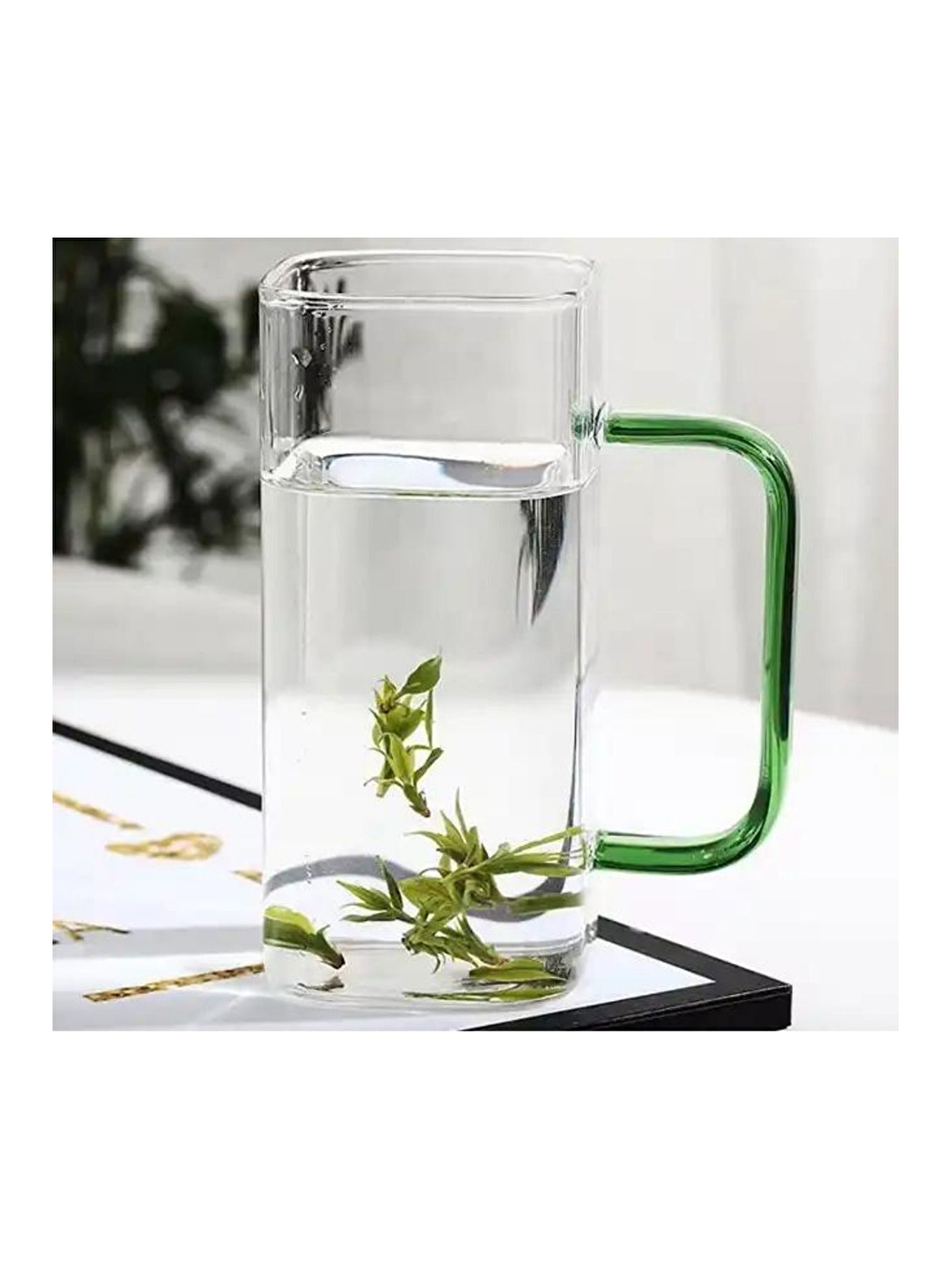 Renksiz Kare Cam Koyu Yeşil KulpluBardak 350 ml 4 Adet-4