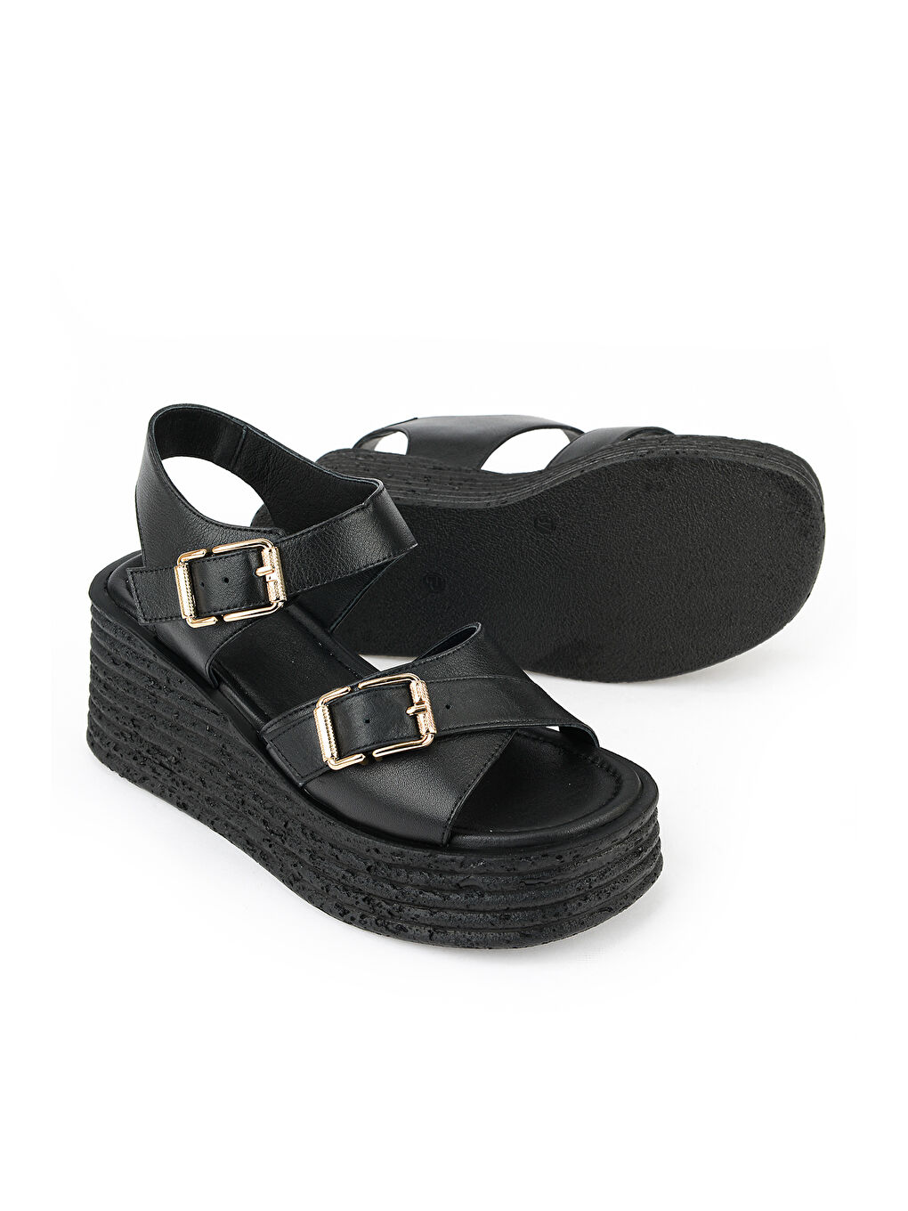 Kadın Hakiki Deri Dolgu Topuk Sandalet 161992Z1005 Siyah-3