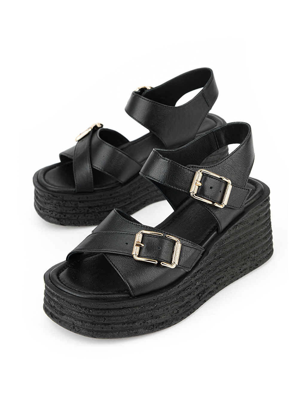 Kadın Hakiki Deri Dolgu Topuk Sandalet 161992Z1005 Siyah-4