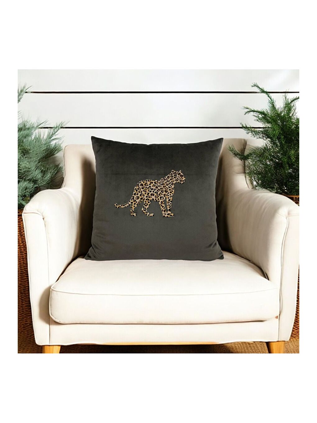 Antrasit Renk Leopar Desen Dekoratif Kırlent Kılıfı 45x45-2