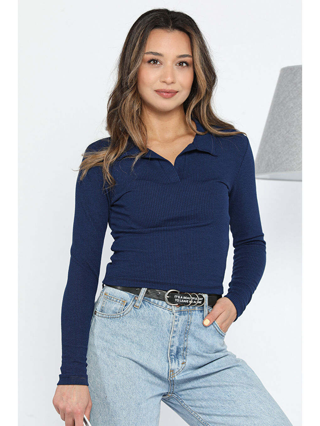 Lacivert Kendinden Desenli Polo Yaka Kadın Bluz