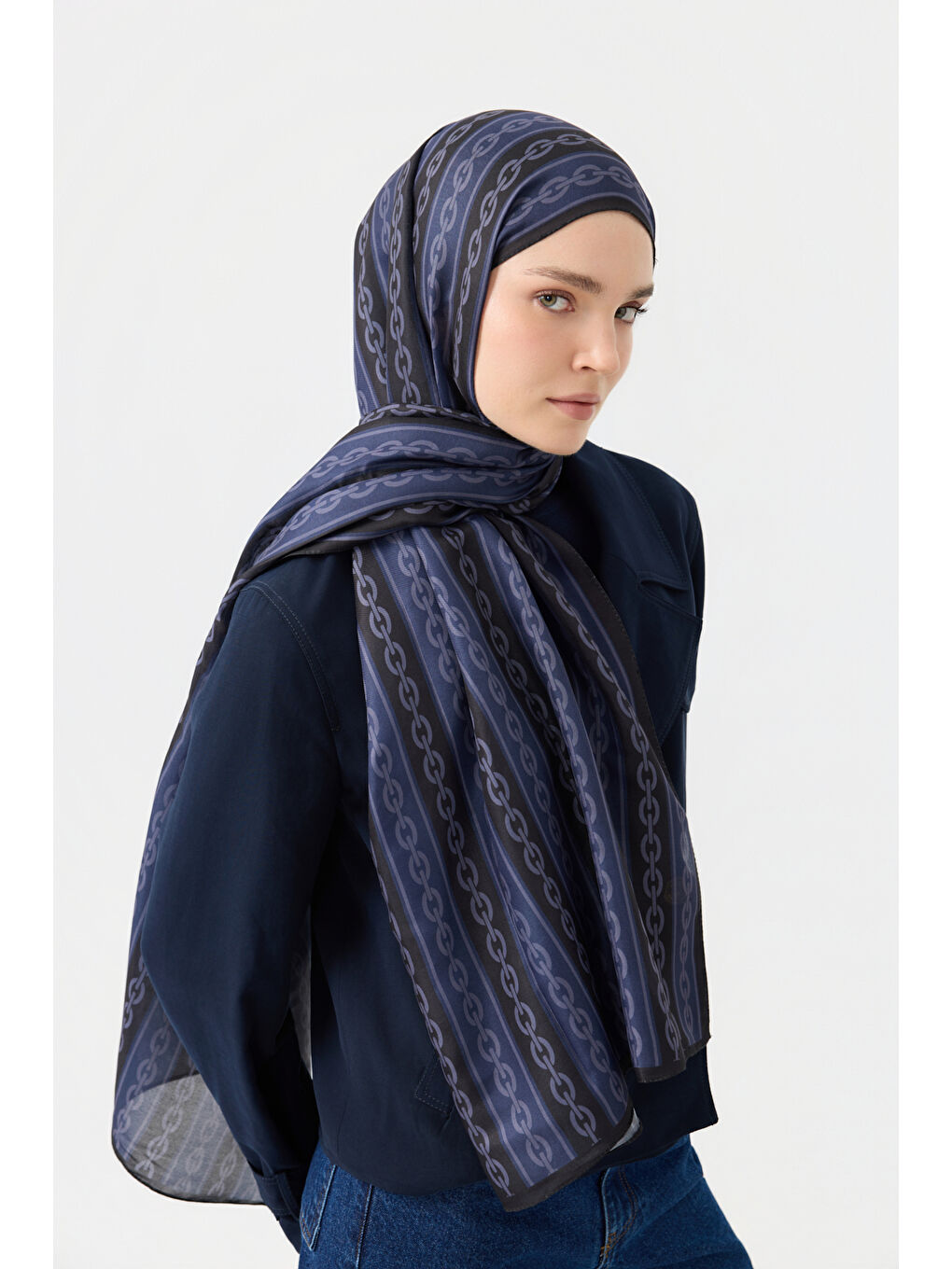 Pamuk Twill Şal Chain Lacivert-1