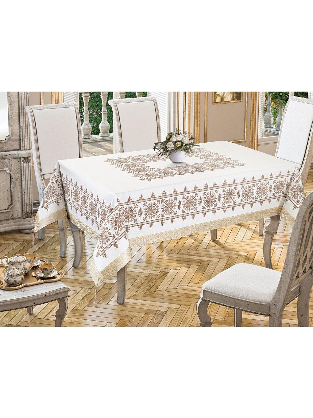 Sarı Kanaviçe Baskılı Sultan Masa Örtüsü Gold 160x300 Cm