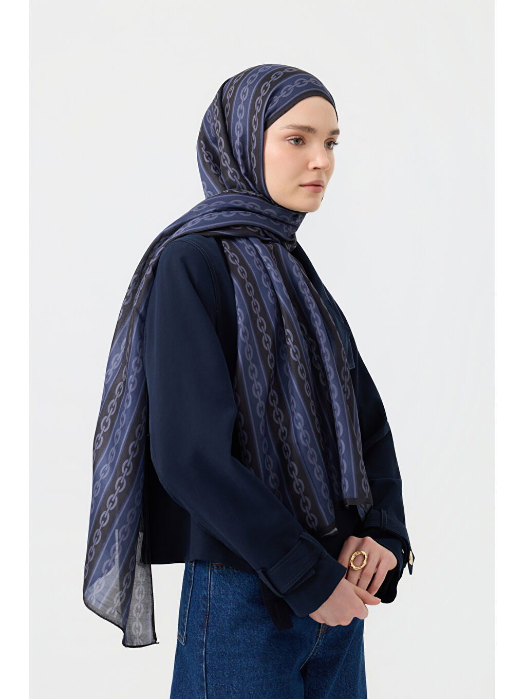 Pamuk Twill Şal Chain Lacivert-2