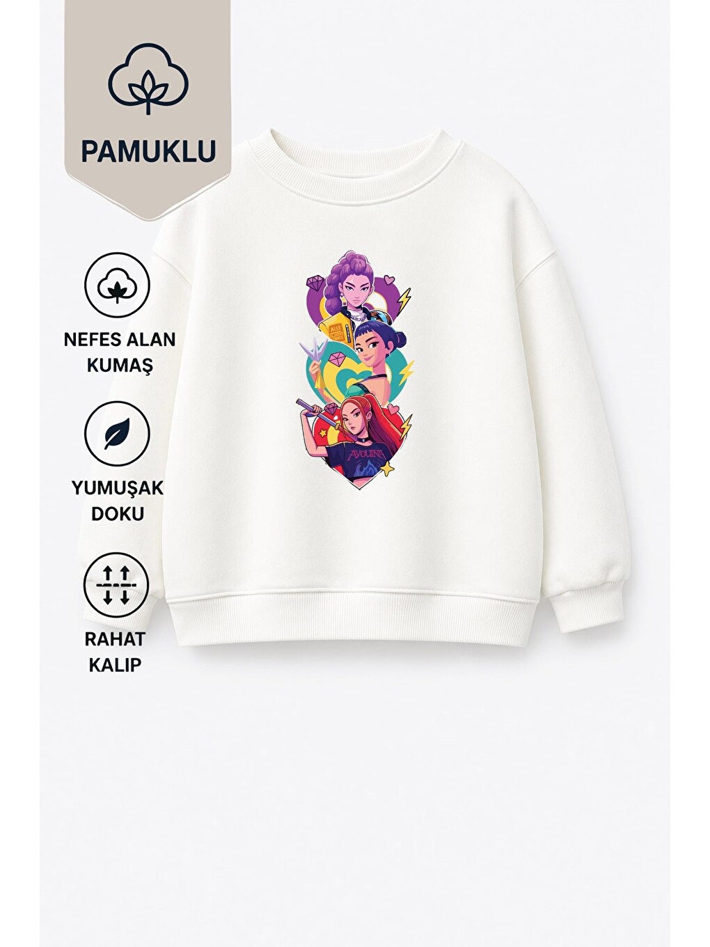 Ekru Kız Çocuk 3 İplik Kumaş Pamuklu Baskılı Sweatshirt-1