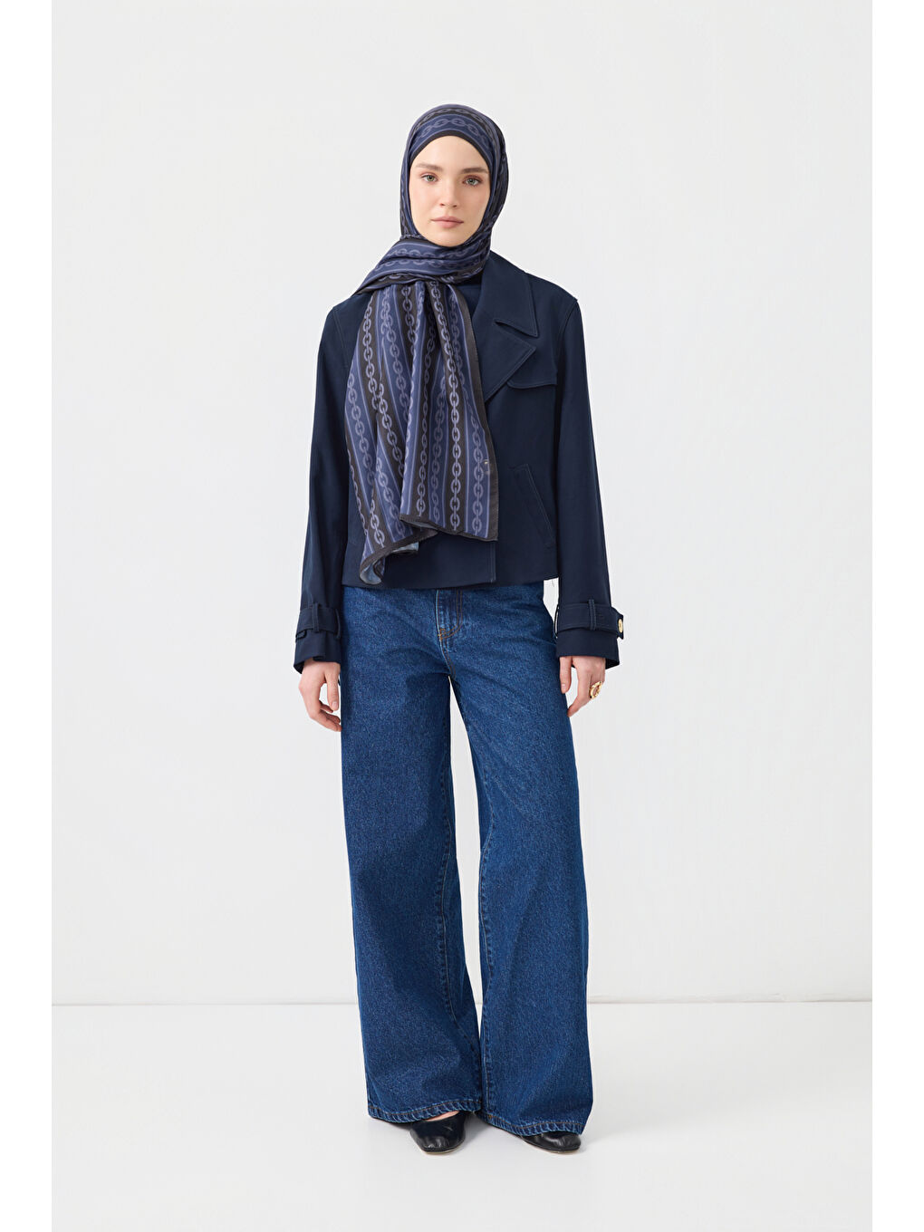 Pamuk Twill Şal Chain Lacivert-3