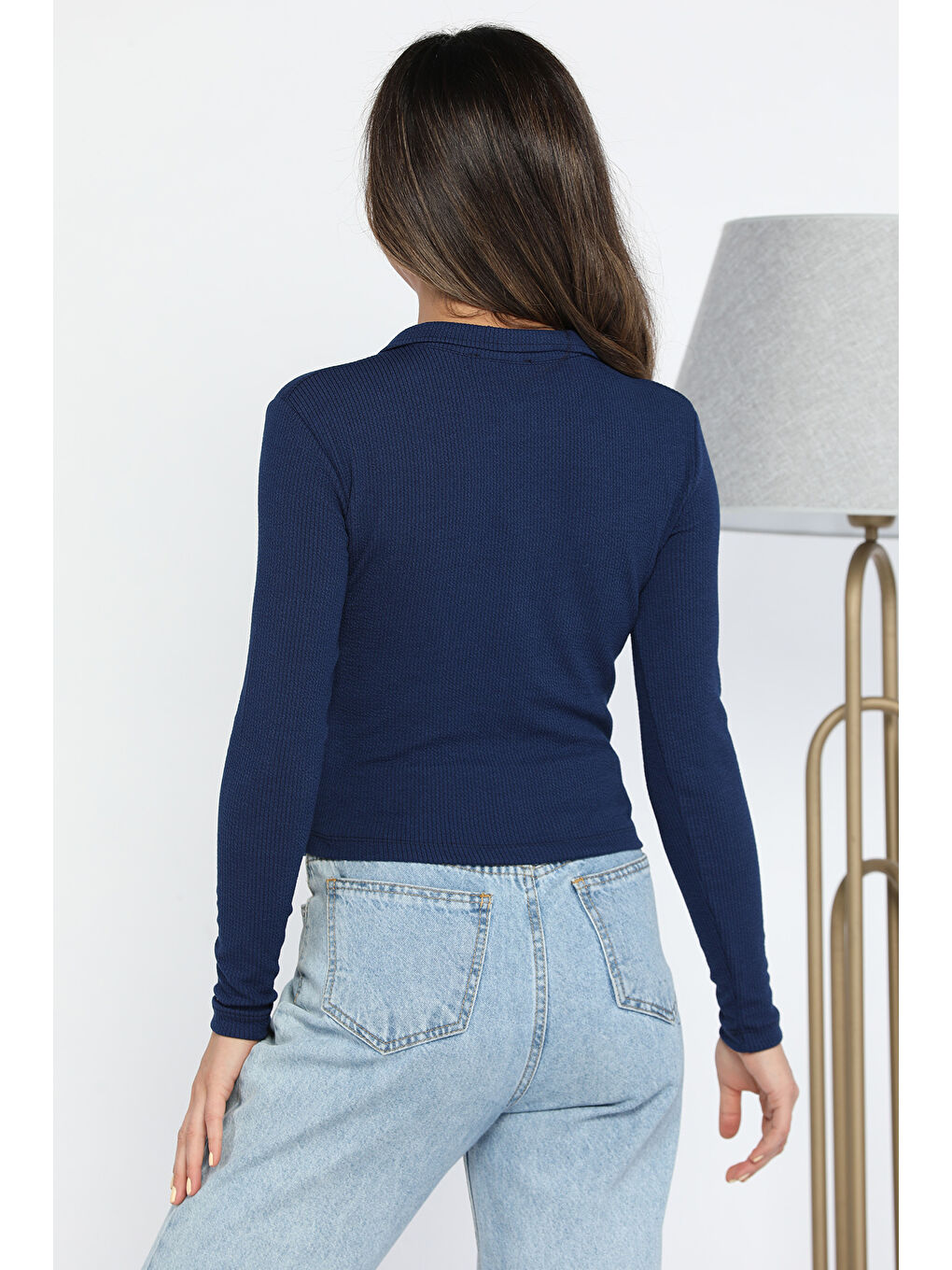 Lacivert Kendinden Desenli Polo Yaka Kadın Bluz-2