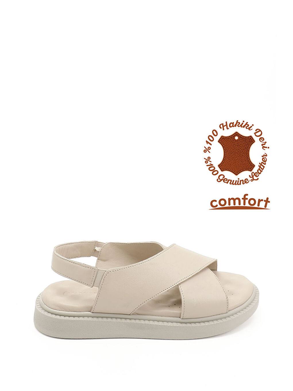 Bej Kadın BEJ-CAMEL Çapraz Bantlı Hakiki Deri Comfort Sandalet