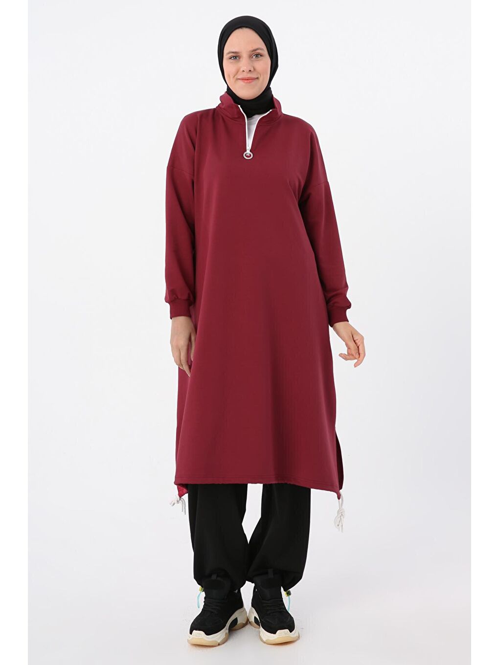 Bordo Etek Ucu Büzgülü Yakası Fermuarlı Sweat Tunik-1