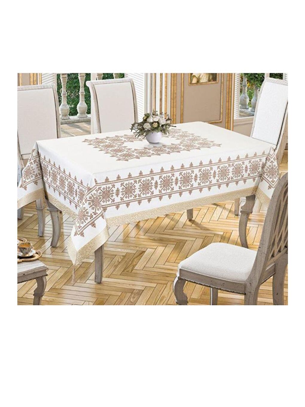 Sarı Kanaviçe Baskılı Sultan Masa Örtüsü Gold 160x300 Cm-3