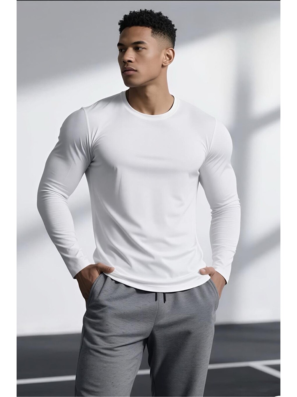 Beyaz Ark Erkek Elastanlı Dar Kesim Uzun Kollu Spor Ve Günlük T-shirt