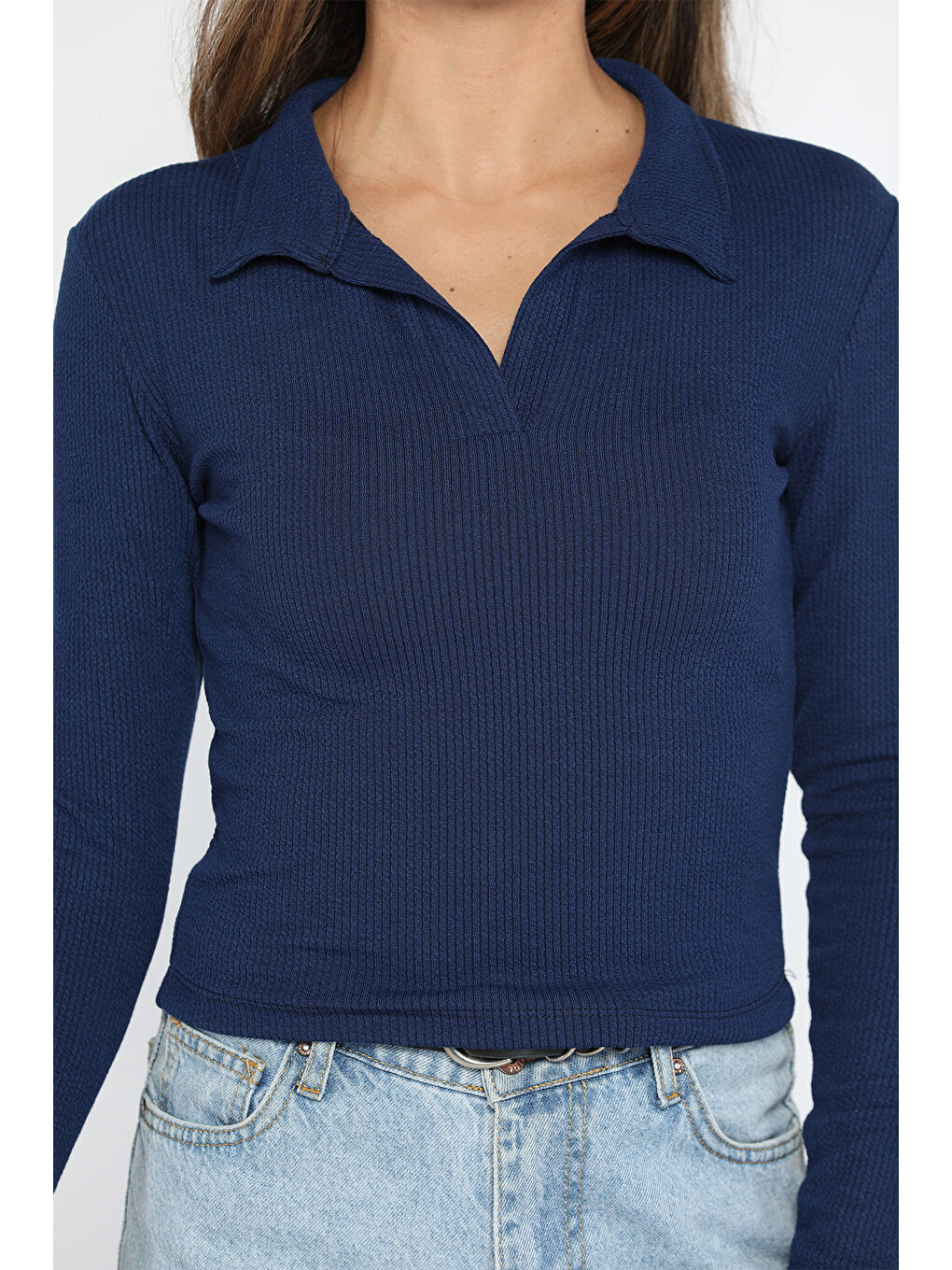 Lacivert Kendinden Desenli Polo Yaka Kadın Bluz-3