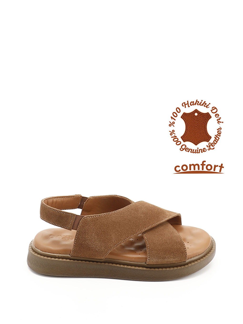 Kahverengi Kadın TABA KAHVE MEL. Çapraz Bantlı Hakiki Deri Comfort Sandalet