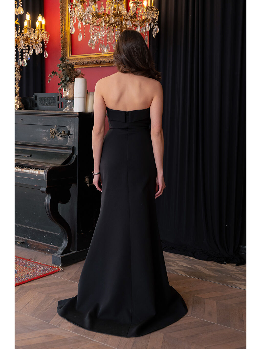 Kadın Siyah Kedi Kulağı Pileli Uzun Abiye Elbise-5