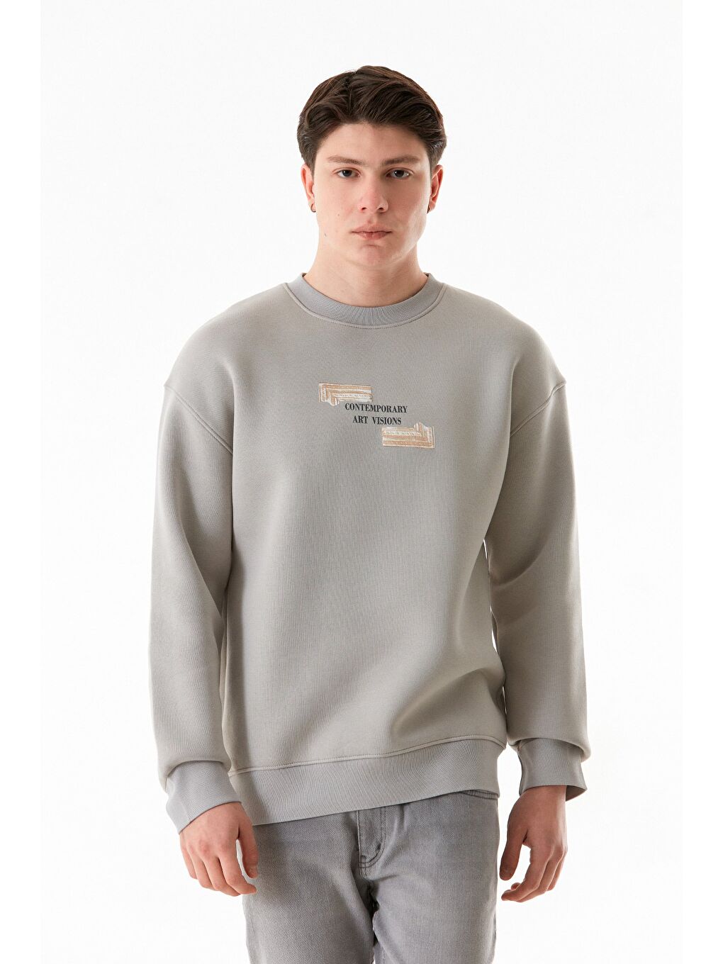 Gri 3 İplik Kabartma Baskılı Bisiklet Yaka Sweatshirt