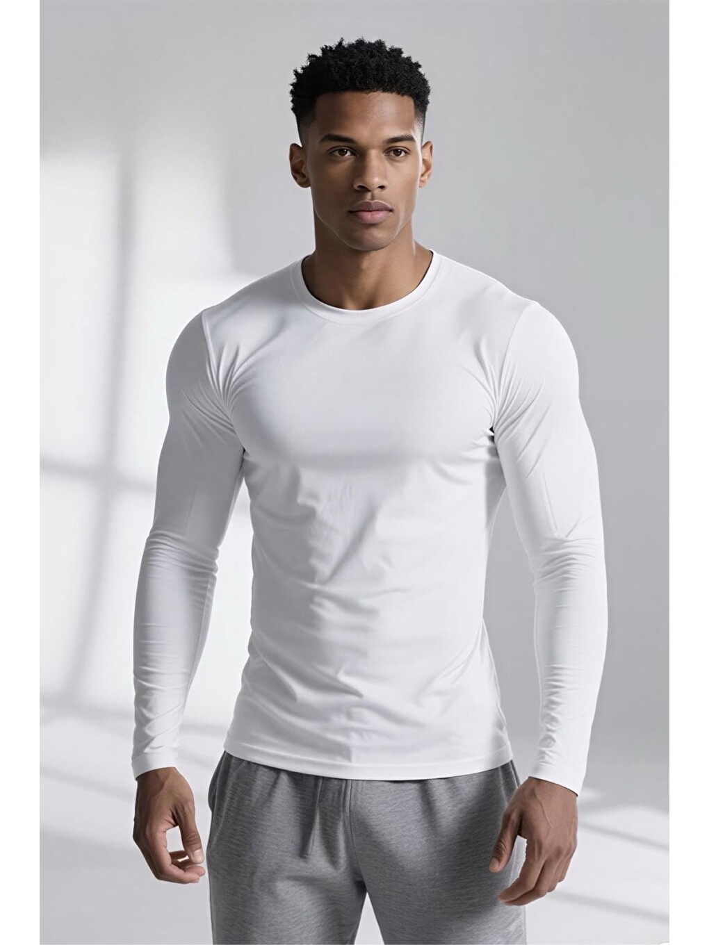 Beyaz Ark Erkek Elastanlı Dar Kesim Uzun Kollu Spor Ve Günlük T-shirt-1