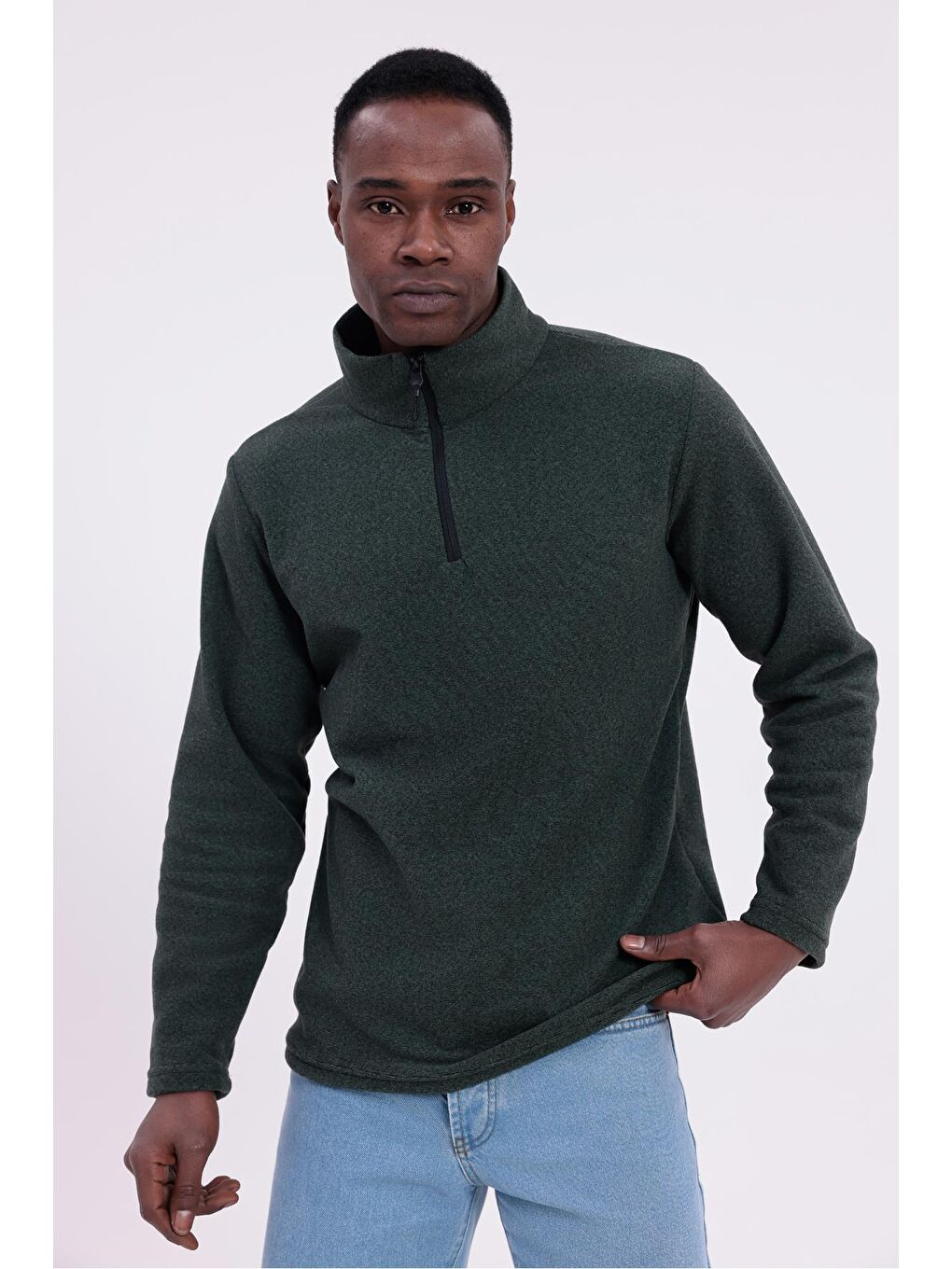 Haki Erkek Fit Dik Yaka Yarım Fermuarlı Sweatshirt Polar
