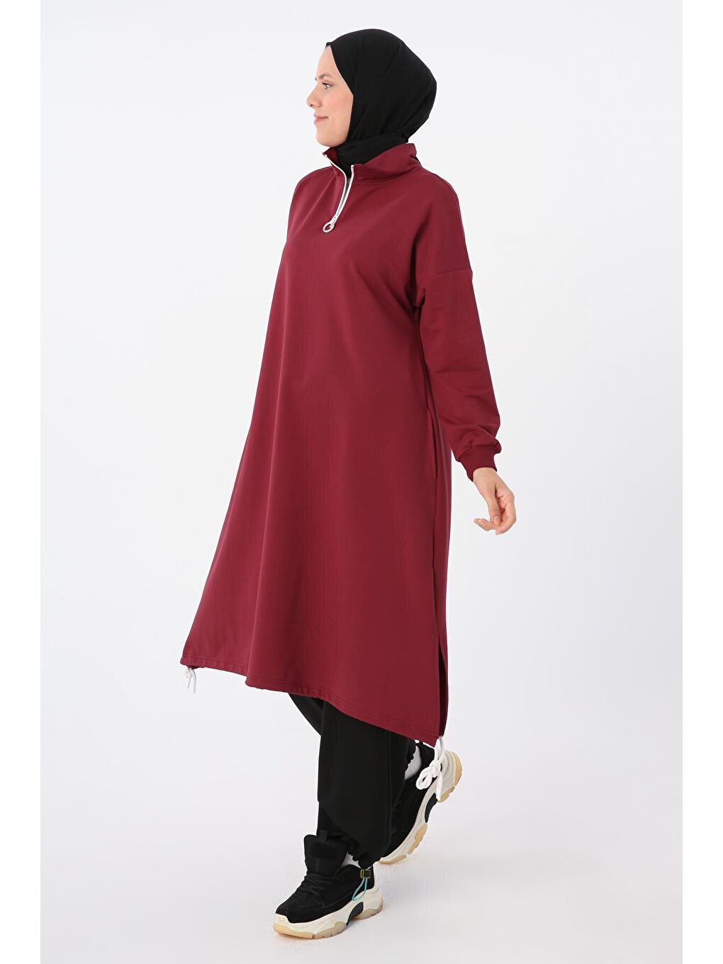 Bordo Etek Ucu Büzgülü Yakası Fermuarlı Sweat Tunik-2