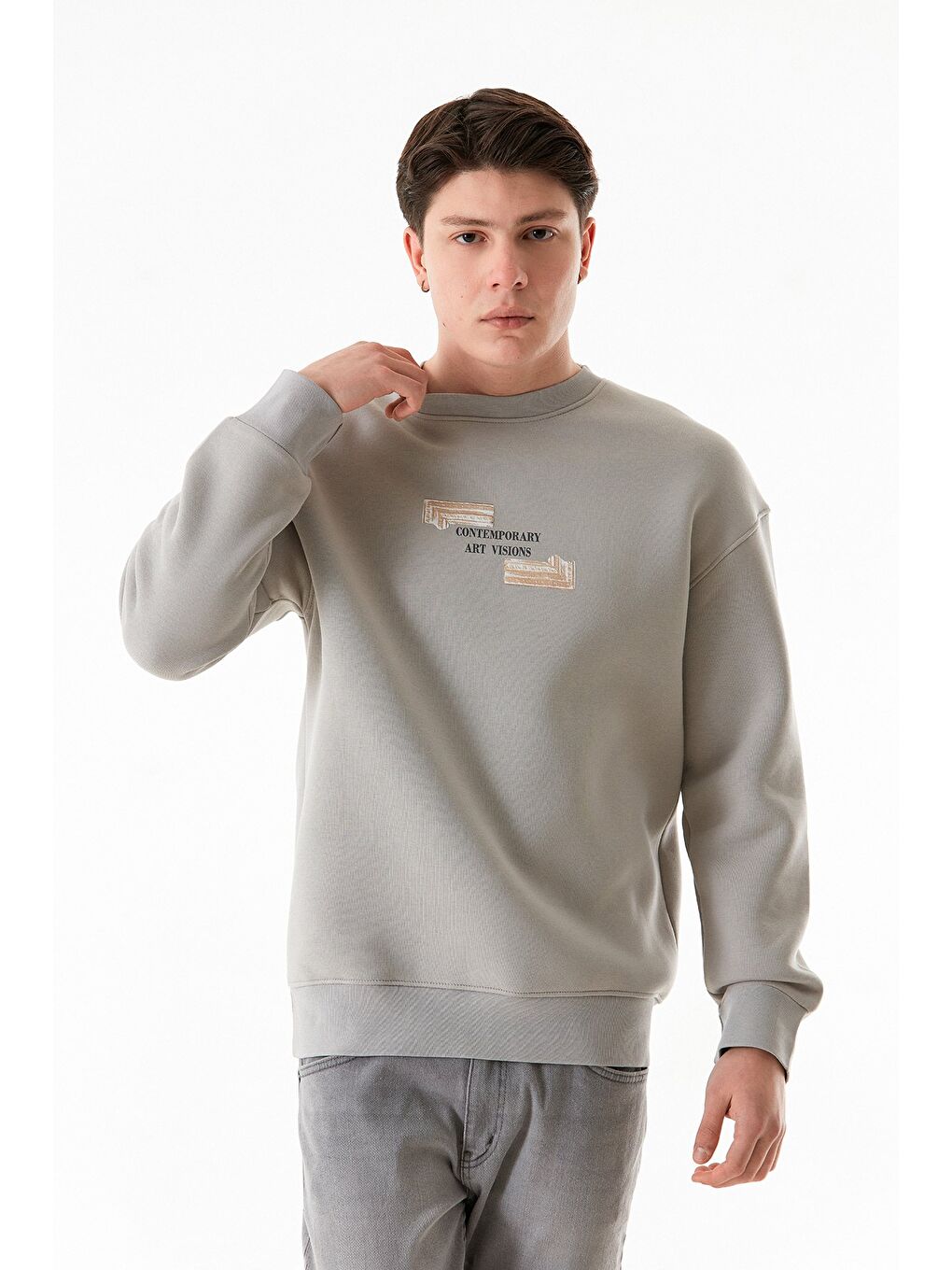 Gri 3 İplik Kabartma Baskılı Bisiklet Yaka Sweatshirt-2