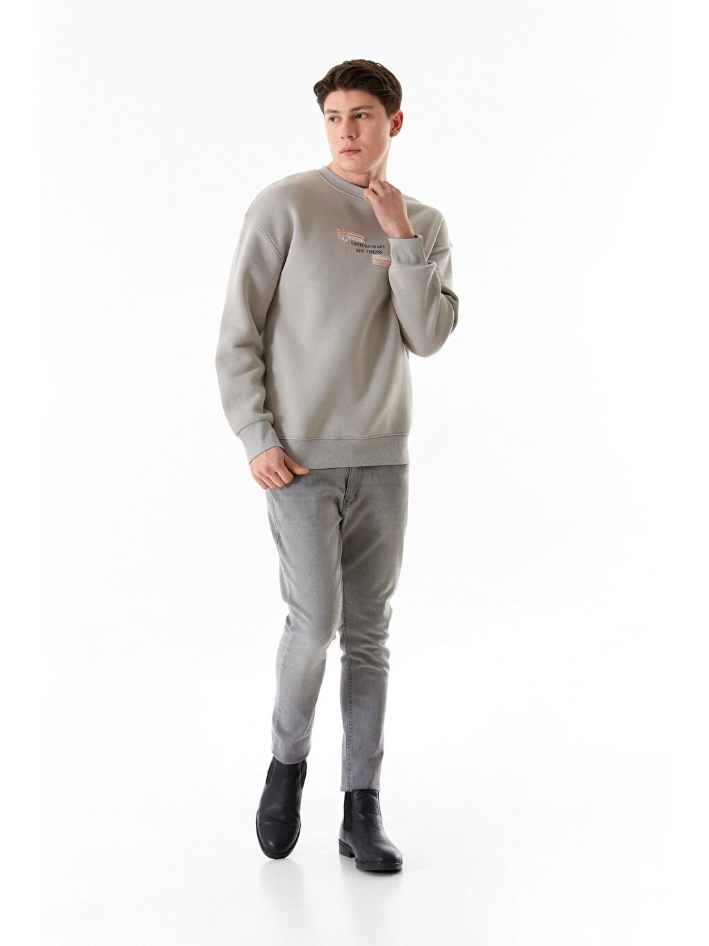 Gri 3 İplik Kabartma Baskılı Bisiklet Yaka Sweatshirt-3