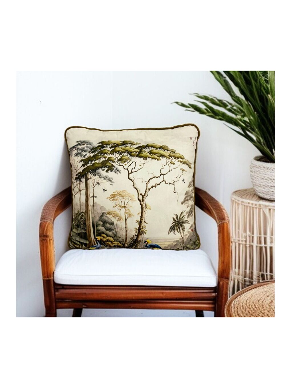 Mor Doğa desen Digital Baskı Krem Yağ yeşili Biyeli Dekoratif Kırlent Kılıfı 45x45