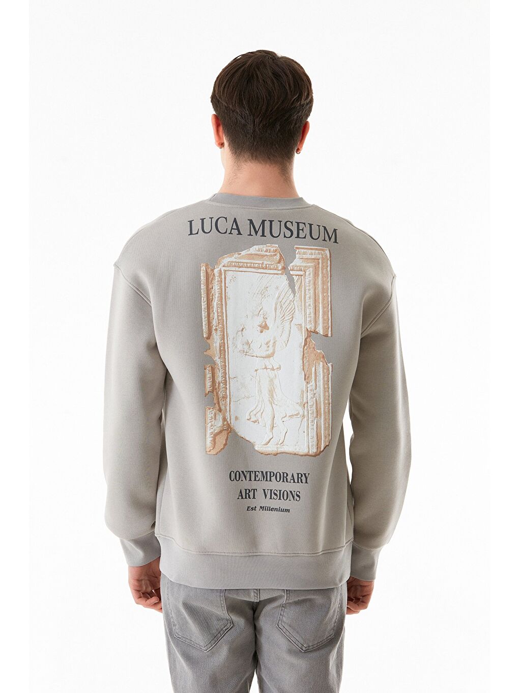 Gri 3 İplik Kabartma Baskılı Bisiklet Yaka Sweatshirt-4