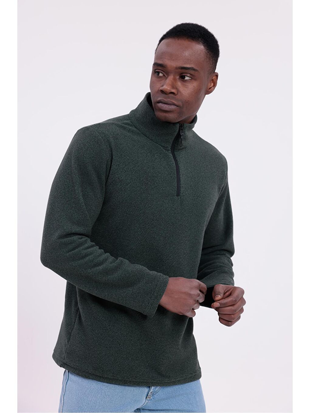 Haki Erkek Fit Dik Yaka Yarım Fermuarlı Sweatshirt Polar-1