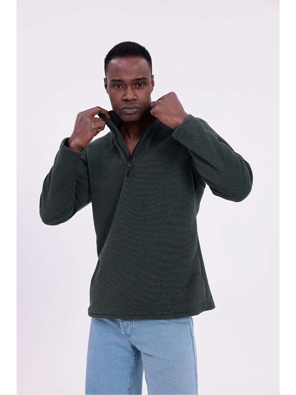 Haki Erkek Fit Dik Yaka Yarım Fermuarlı Sweatshirt Polar-2