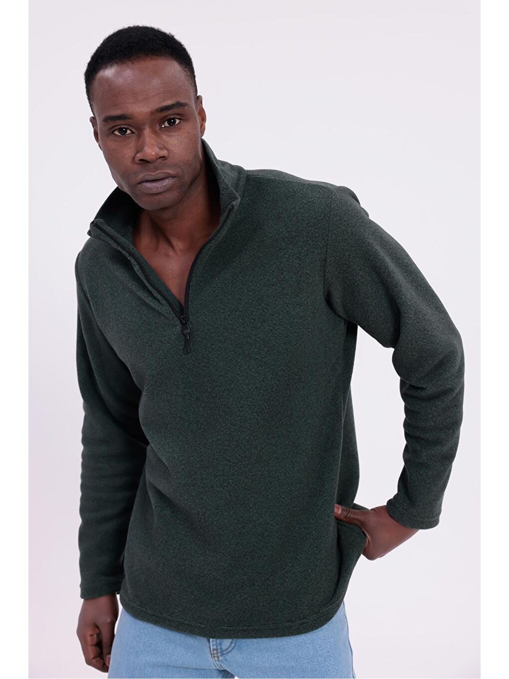 Haki Erkek Fit Dik Yaka Yarım Fermuarlı Sweatshirt Polar-3