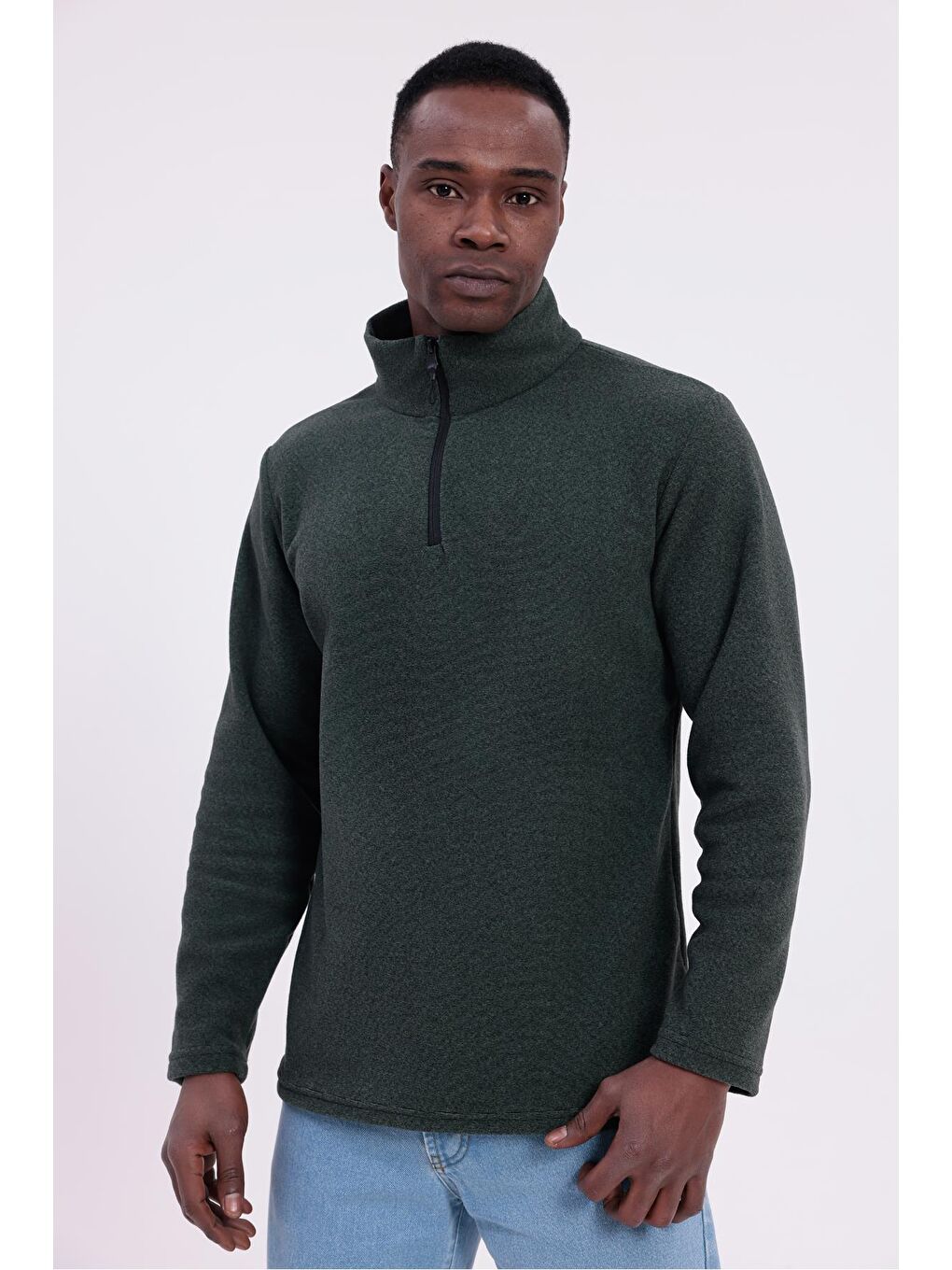 Haki Erkek Fit Dik Yaka Yarım Fermuarlı Sweatshirt Polar-4