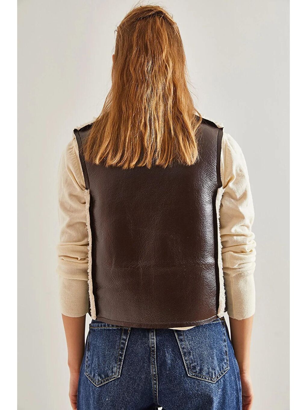 Kahverengi Kadın Deri Peluşlu Yelek-1