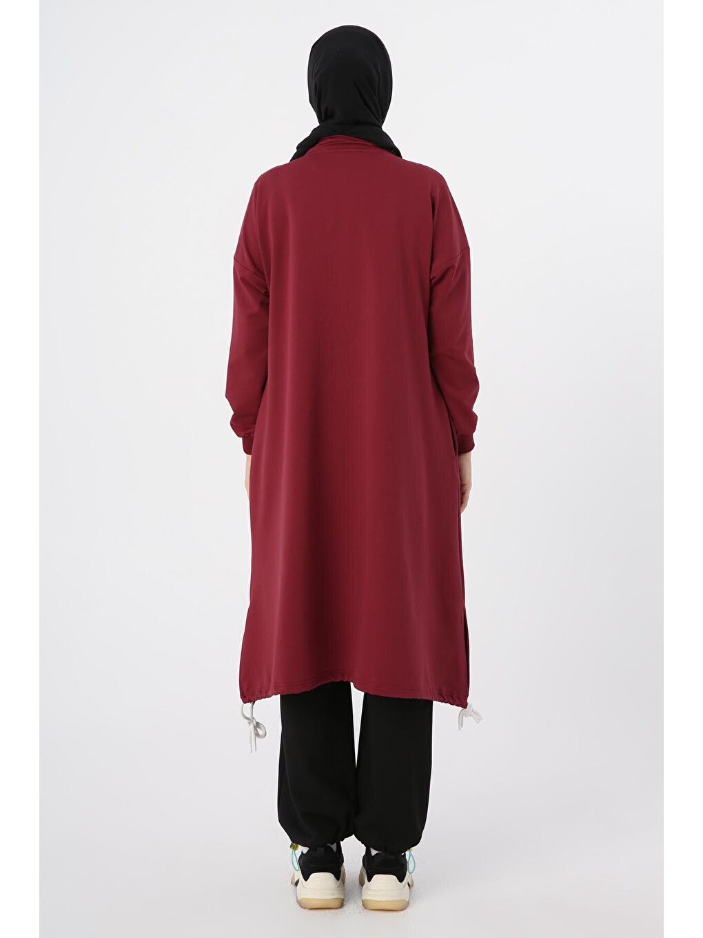 Bordo Etek Ucu Büzgülü Yakası Fermuarlı Sweat Tunik-3