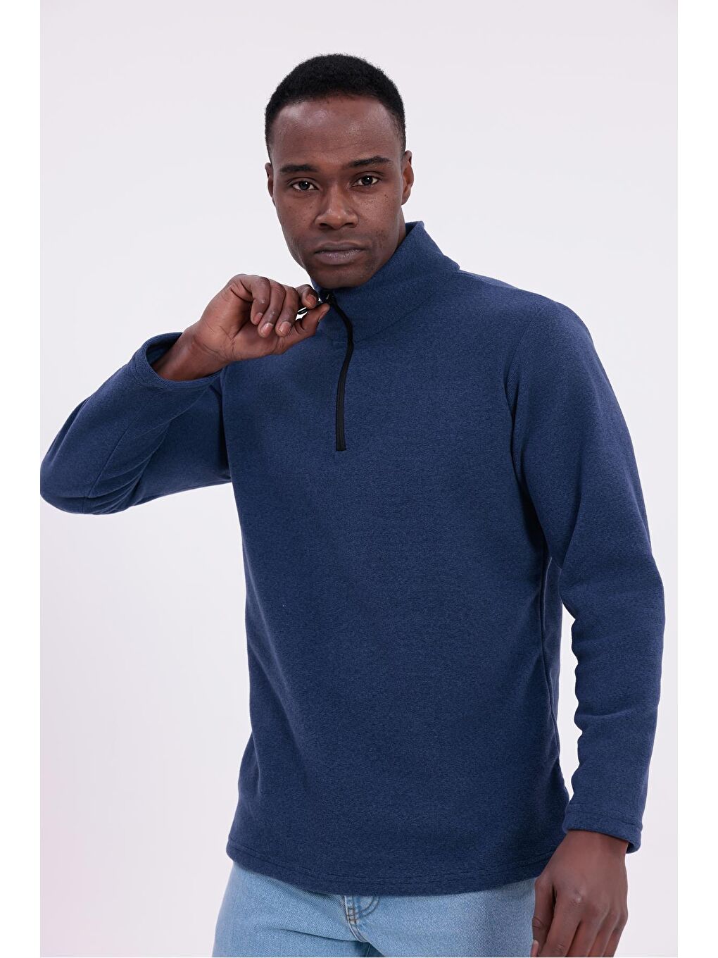 Lacivert Erkek Fit Dik Yaka Yarım Fermuarlı Sweatshirt Polar-1